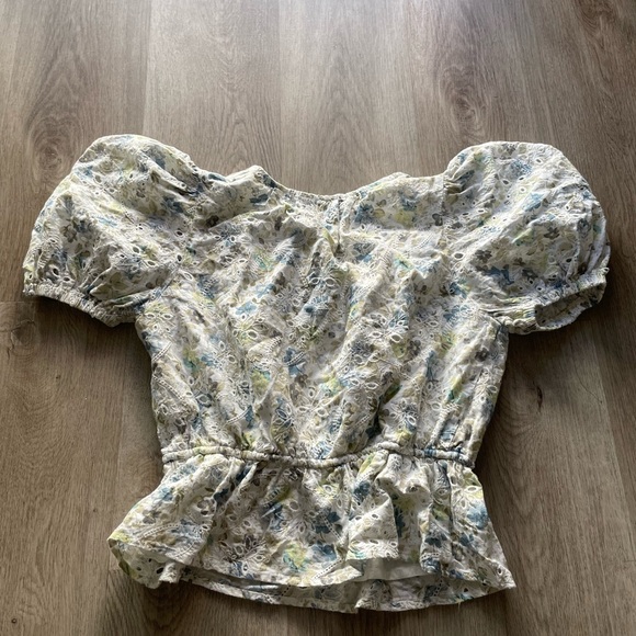 en saison eliza blue & white floral eyelet puff sleeve blouse top size small - Picture 3 of 4